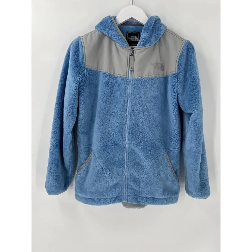 The North Face Girls Jacket XL Blue Gray Fleece Hooded Pockets Full Zip Logo